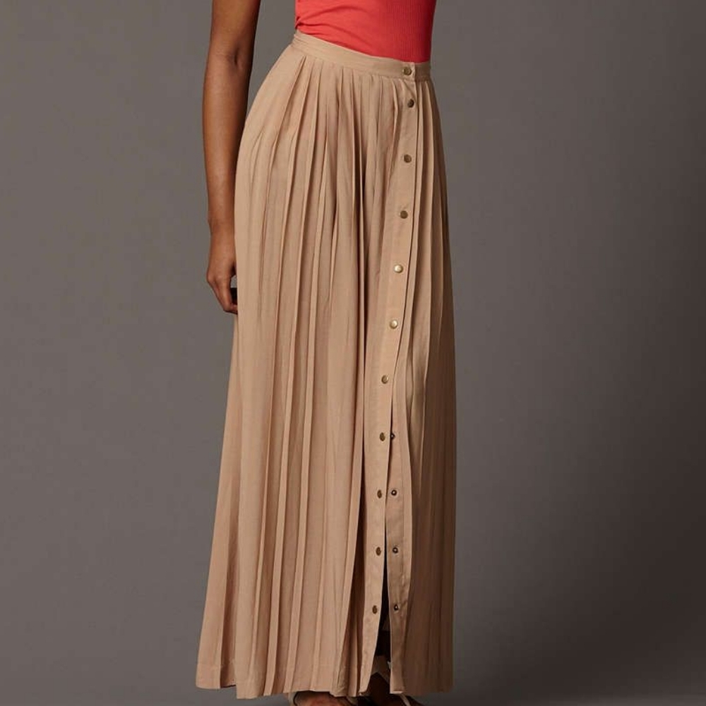 FOSSIL Button Front Pleated Maxi Skirt Tan Size 2